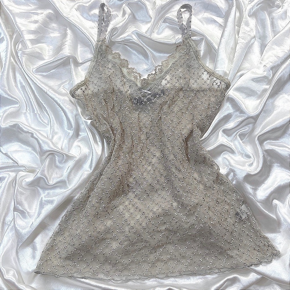 y2k Camisole Grey Excellent The Limited Sheer Mesh Floral Embroidered Lace Trim